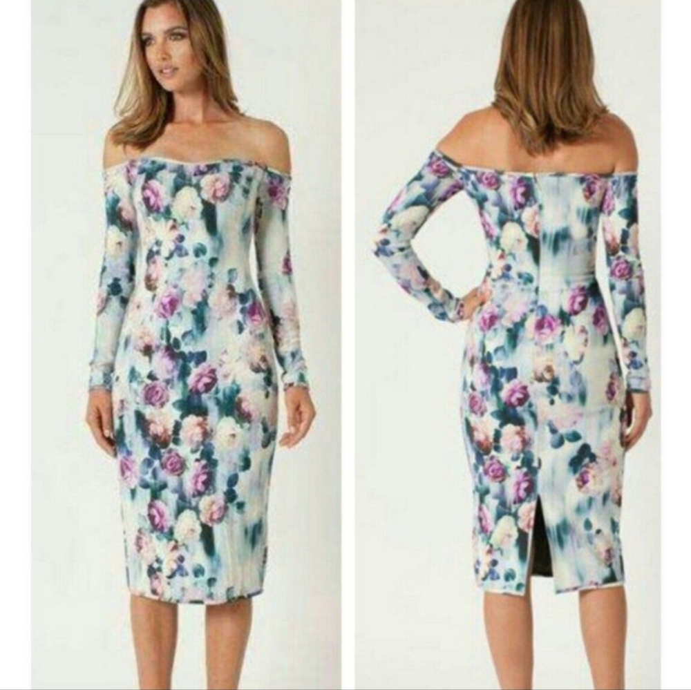 Black Halo Vita Moonlight Long Sleeve Floral Off Shoulder Sheath Dress Midi 10